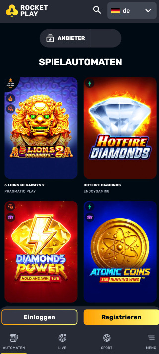 Rocketplay casino app interface on mobile devices